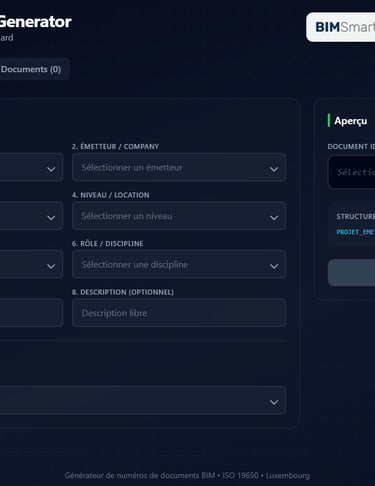 Interface du générateur de nommage ISO 19650 de BIMsmarter pour standardiser les documents.