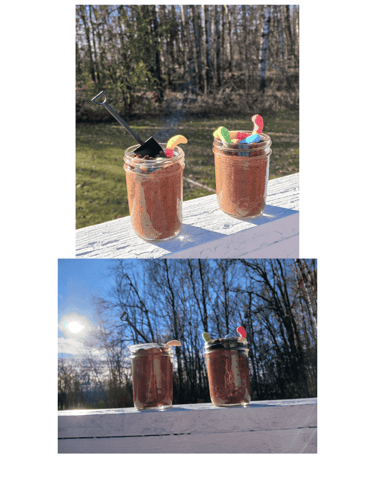 Dirt cups with gummy worms to feed Brightbill