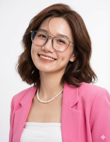 Smiling woman with short brown hair wearing clear glasses, a pink blazer, and a pearl necklace.