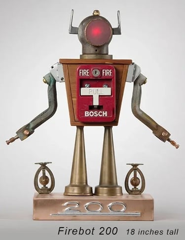 Found object robot sculpture named Firebot 200 by Santa Barbara artist Tal Avitzur.
