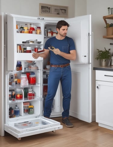A man in a blue shirt repairs a modern white french door refrigerator in a bright kitchen.