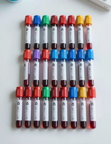 Overhead flat-lay of an array of blood collection tubes in multiple cap colours aligned in precise rows on a white clinical surface, bright daylight-equivalent studio lighting, sharp focus on cap detail and graduation marks, sterile laboratory setting