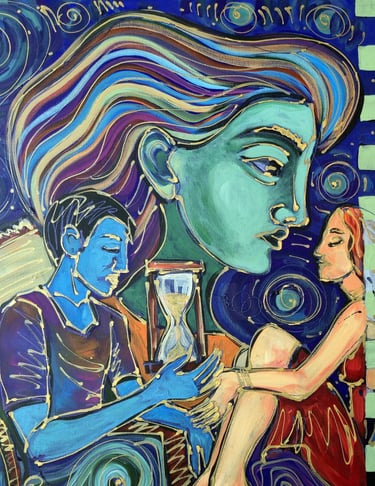 Figuratives Gemälde mit Symbolen für Zeit (Sanduhr) und Sterne, feine weiße Linien.