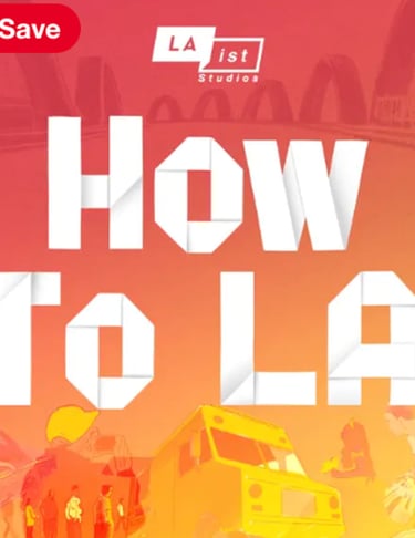How to LA podcast cover with bold white text over a red-orange city scene illustration.