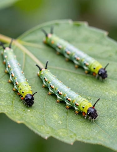 a group of caterpillars on a green leaf