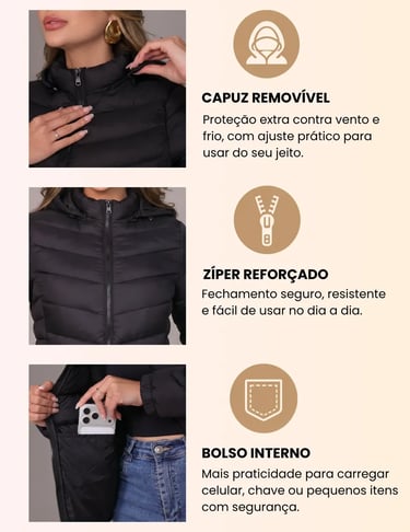 Jaqueta Feminina Puffer Capuz Removível Bobojaco Impermeável