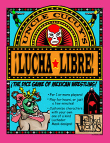 Lucha Libre, the dice game of Mexican Wrestling, book cover, link to buy the game