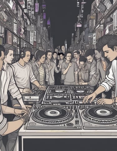 A DJ booth is set up in an urban setting with a colorful, graffiti-covered wall as a backdrop. The DJ is energetically performing, wearing headphones and gesturing with their hand. The scene is illuminated by vibrant blue and red lighting, creating an electrifying atmosphere. In the foreground, a large mixer and sound equipment are visible.