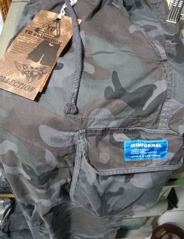 a cargo pants camo with a tag on it