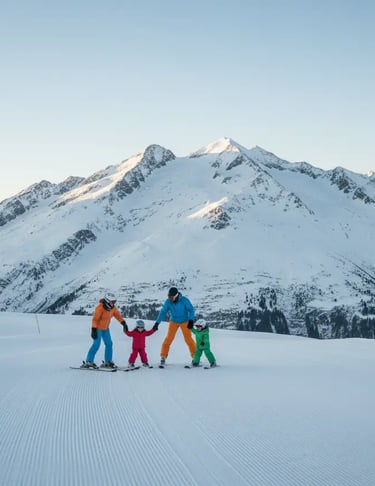 Parents and children enjoying a family-friendly skiing holiday on a sunny mountain slope.