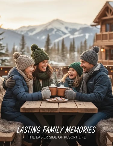 Family creating lasting memories at a winter resort with a mountain cabin in the background.