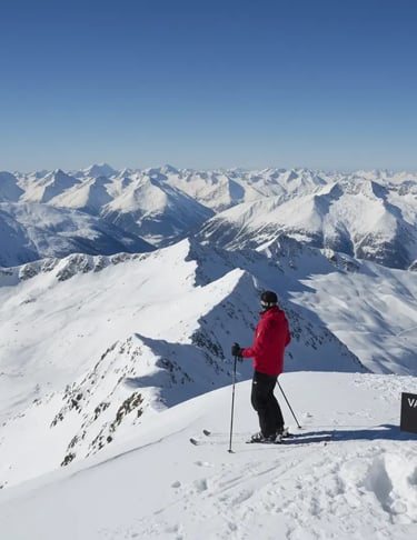Lone skier enjoying the view from a snowy mountain summit during a sunny winter day.