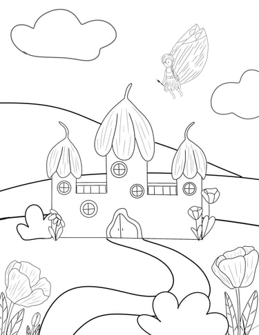 A fairy castle coloring page featuring a flying magical fairy, flowers, and a petal-roofed palace.