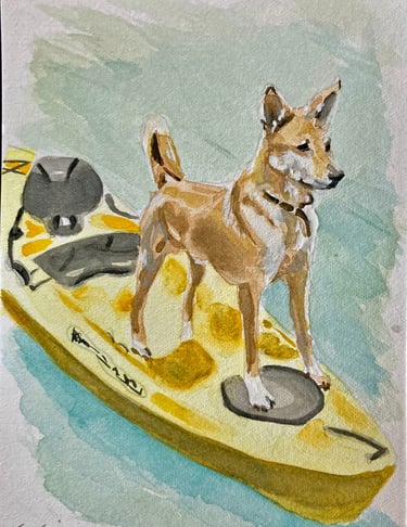 original watercolor painting pet portrait custom dog on yellow kayak