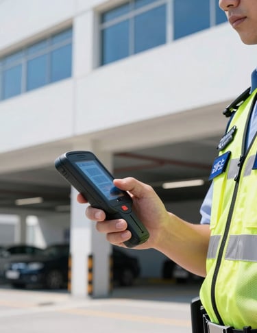 Close-up of a professional parking enforcement officer in a clean branded uniform operating a digital handheld terminal in a bright modern garage