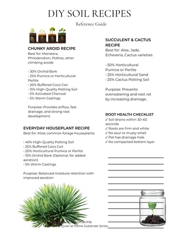 Free DIY soil recipe guide download from Quiet at Home, a printable houseplant care guide that teach