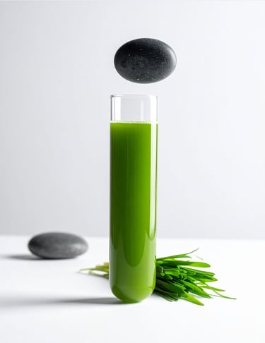Fresh green wheatgrass juice in a glass test tube with a levitating zen stone.