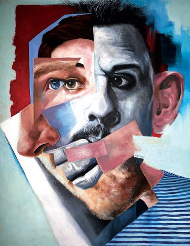 Acrylic on Canvas depicting fragments of various caucasian male faces in colour and monochrome
