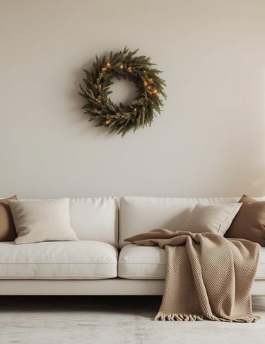 Minimal holiday living room with simple décor and calm neutral tones.