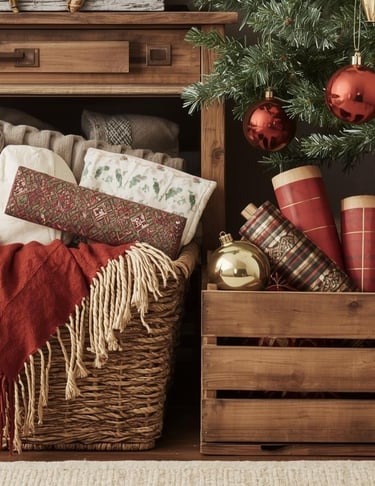 Woven baskets with blankets and ornaments under a cozy holiday console.