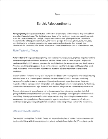 Earth's Paleocontinents lab activity first page preview