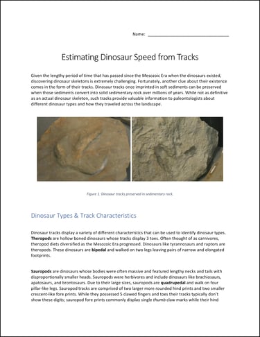 Estimating Dinosaur Speed from Tracks lab activity first page preview