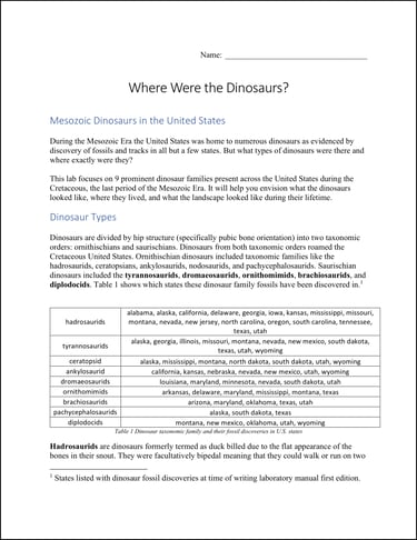Where Were the Dinosaurs lab activity first page preview