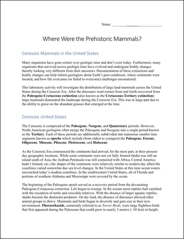 Where Were the Prehistoric Mammals lab activity first page preview