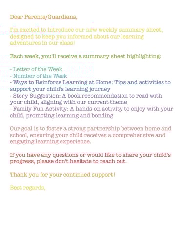 Letter to send home to parents, introducing a learning plan