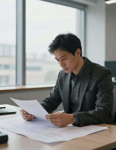 Close environmental shot, a man in his early fifties reviewing documents at a clean desk near a large window, natural daylight, architectural firm atmosphere, focused posture, blueprint details visible on the surface