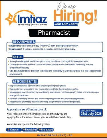 Imtiaz Super Market Pharm-D Pharmacist vacancy 2026