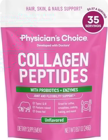Physician's Choice Collagen Peptides powder bag with probiotics and digestive enzymes for hair, skin, and nails.