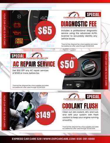 Auto repair coupons for a $65 diagnostic fee, $50 off AC repair service, and $149.99 coolant flush.