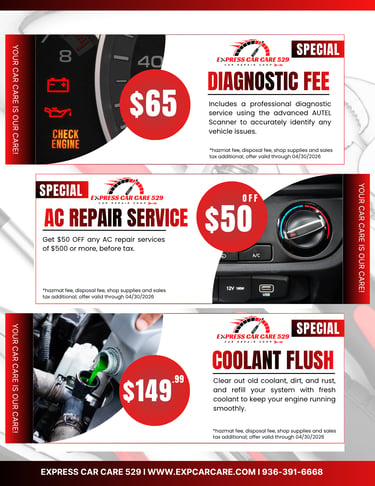 Auto repair coupons for diagnostic fee, AC repair service, and coolant flush at Express Car Care 529.
