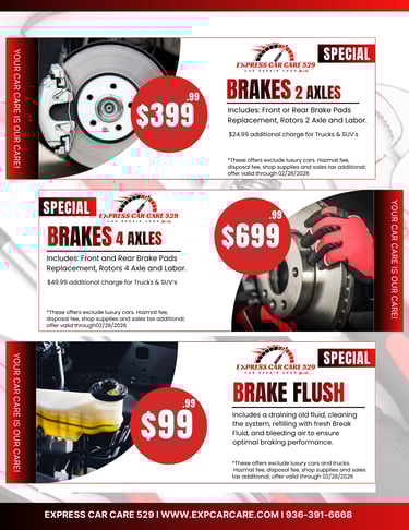 Promotional flyer for Express Car Care 529 featuring brake repair specials for 2 axle and 4 axle service and brake flush
