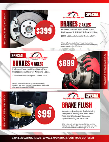 Promotional flyer for Express Car Care 529 featuring brake repair service coupons for 2 or 4 axles and brake fluid flushes.