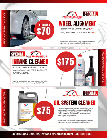 Auto repair service coupons for $70 wheel alignment, $175 intake cleaner, and $75 oil system cleaner specials.