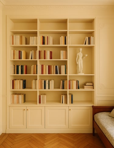 appartement Hausmannes, bibliothèque sur-mesure et moulures