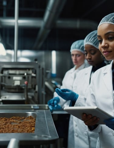 a woman in a lab coat and gloves in a haccp environment. represents service we provide on recruiting