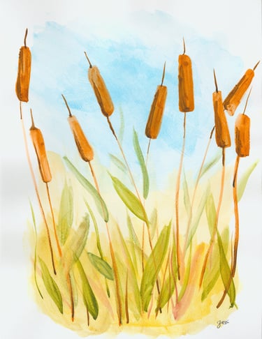 a watercolor painting of cattails in the grass