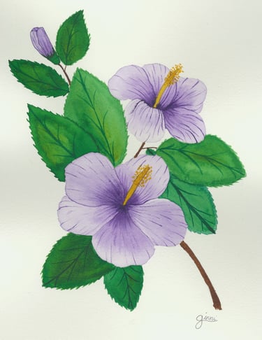 a watercolor painting of purple hibiscus flowers