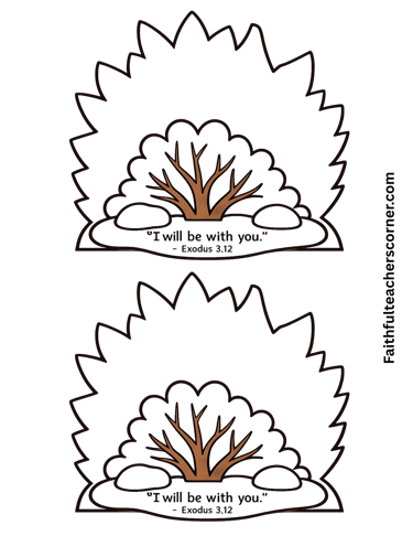 Printable burning bush craft template with Bible verse “I will be with you” Exodus 3:12 for kids.