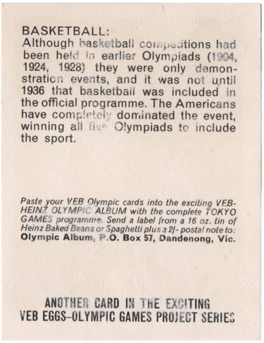 1964 Heinz Veb Eggs Olympic Games No 17 Basketball Card from Australia (back)