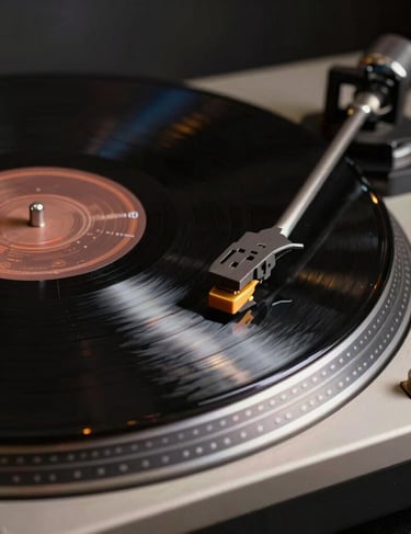 A black vinyl record spinning on a high-fidelity turntable, with a golden needle reflectively catching the dim studio light.