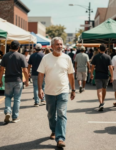 Street photography of a vibrant North American / US market square, capturing the energy and culture, candid and sharp, Sage Green and Warm Off-white accents.