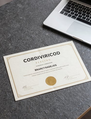 A photograph of a technical certificate sitting on a dark slate grey desk next to a modern professional laptop. Clean, bright off-white lighting highlights the achievement.