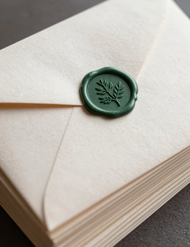 A stack of thick, textured off-white envelopes, each sealed with a custom-designed wax stamp featuring a delicate leaf motif in dark forest green wax.