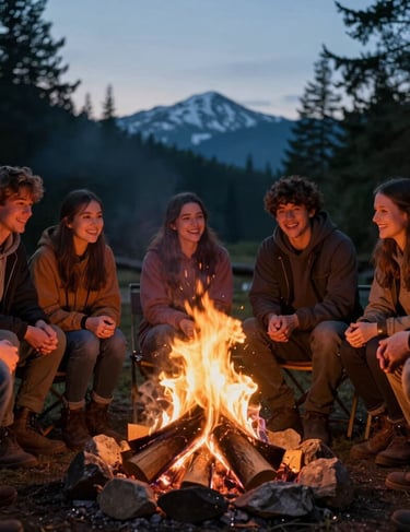 Candid shot of friends around a campfire in the US Pacific Northwest, warm firelight glowing on faces, cinematic evening atmosphere.