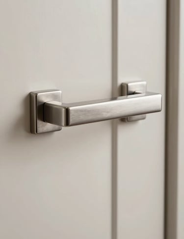 A detailed shot of a custom-made architectural door handle made from solid stainless steel. The finish is brushed and the design is strictly geometric. Soft off-white and deep charcoal color palette.