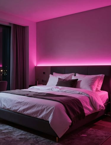 Glamorous modern bedroom scene with atmospheric magenta neon backlighting, high-end design, luxurious modeling environment.